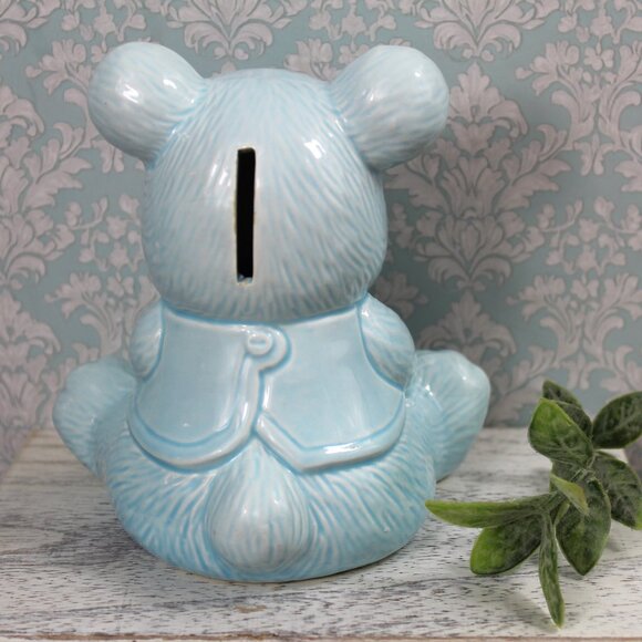 Vintage Ceramic "Piggy Bank" Blue Teddy Bear: Made in Taiwan Nursery Decor - Picture 2 of 8